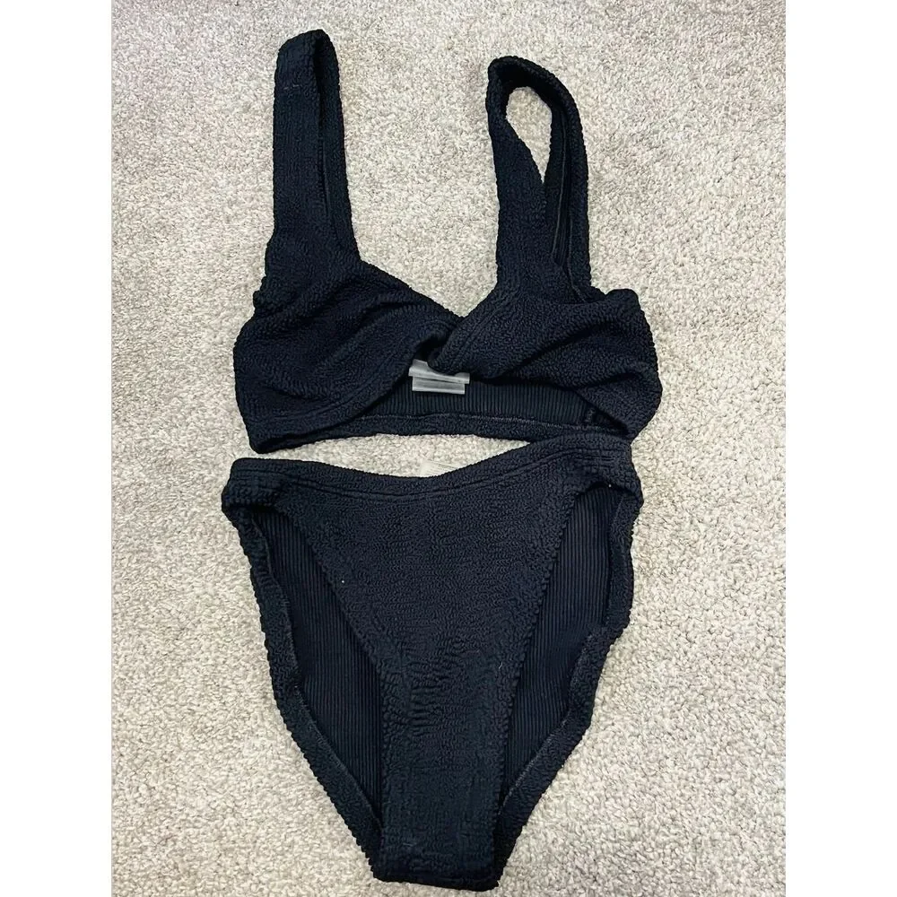 Hunza G Jamie Bikini - Textured Black Two-Piece Swim Set - One Size